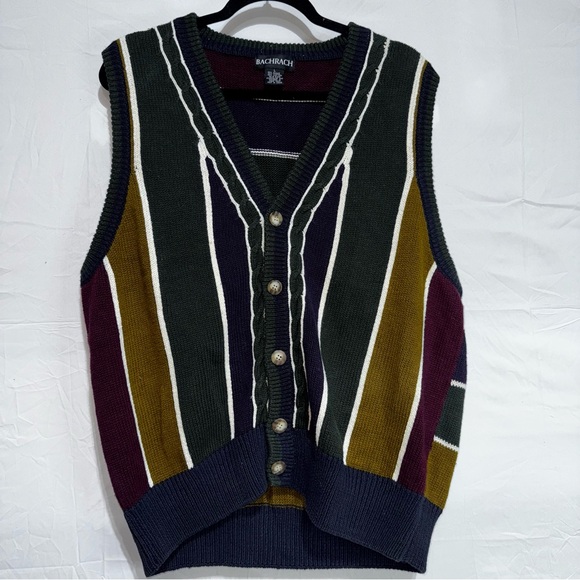 Vtg BachRach 80s 90s  Knit Sweater Striped Vest Men Size Large Grunge Boho - Picture 1 of 6